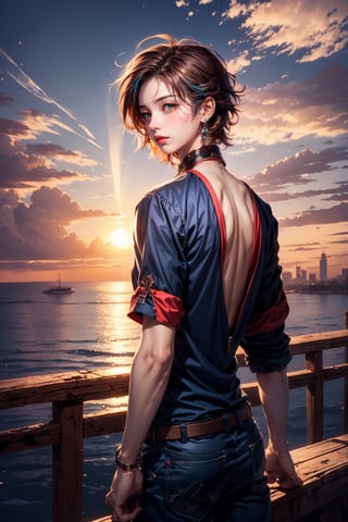 1boy, anime, looking at the sky, sunset, outdoor dark red and blue and purple sky, messy hair, dynamic angle, boy back to the viewer,SGBB,asian girl
