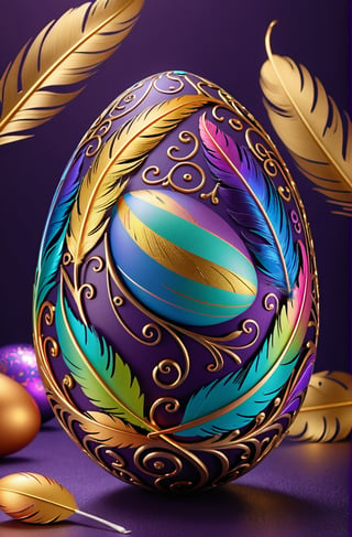 Easter eggs designed with arabesques and swirls using a harmonious mix of rainbow colors.
Golden branches and feathers cover the egg as if protecting it.
The egg shines even brighter due to the intense lighting that illuminates the egg on a dark purple background.

Ultra-clear, Ultra-detailed, ultra-realistic, ultra-close up