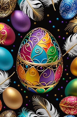 Easter eggs designed with arabesques and swirls using a harmonious mix of rainbow colors.
Numerous golden tiny twigs and many white feathers cover the egg from the bottom as if protecting it.
The egg shines even brighter due to the intense lighting that illuminates the egg on a dark plnk and golden background.

Ultra-clear, Ultra-detailed, ultra-realistic, ultra-close up