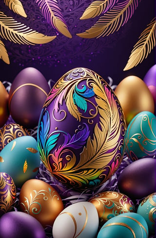 Easter eggs designed with arabesques and swirls using a harmonious mix of rainbow colors.
Golden branches and feathers cover the egg from the bottom as if to protect it.
The egg shines even brighter due to the intense lighting that illuminates the egg on a dark purple background.

Ultra-clear, Ultra-detailed, ultra-realistic, ultra-close up