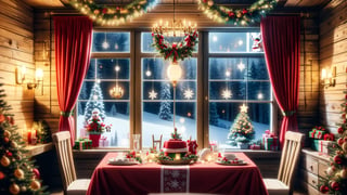 Christmas tea, window overlooking a magical forest, curtains on the window, magic, Christmas background, Mysterious, Mysterious,Christmas Room,Santa Claus