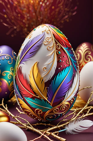 Easter eggs designed with arabesques and swirls using a harmonious mix of rainbow colors.
A pile of tiny golden twigs and many white feathers cover the egg from the bottom as if protecting it.
The egg shines even brighter due to the intense lighting that illuminates the egg on a dark red and golden background.

Ultra-clear, Ultra-detailed, ultra-realistic, ultra-close up