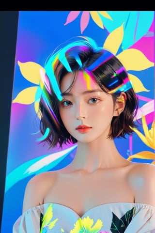 portrait, 1 girl, solo, short wavy hair, flowing neon, colored holographic floral background, holographic, iridescent, vaporwave, fluid, flowers, lying from the front point pose, high fashion, realistic,Flat vector art,xxmix_girl,kwon-nara-xl