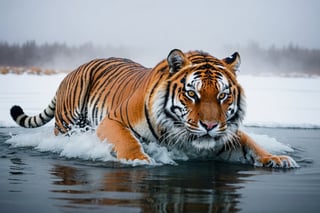 A surreal photo of a very realistic tiger. A tiger is rolling around in the warm water of a very steamy hot spring in the snowy tundra. A thick fog rises so thick that you can't see what's ahead.

Beautiful scenes, surreal, colorful, very fast-paced, sense of urgency, horror,
Ultra-clear, Ultra-detailed, ultra-realistic, Distant view. full body shot