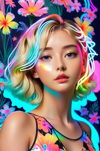 portrait, 1 girl, solo, short wavy hair, flowing neon, colored holographic floral background, holographic, iridescent, vaporwave, fluid, flowers, lying from the front point pose, high fashion, realistic,Flat vector art,xxmix_girl,kwon-nara-xl,Vector illustration,Illustration,long blonde hair,xxmixgirl,REAL GIRL beta,wonder beauty ,lis4