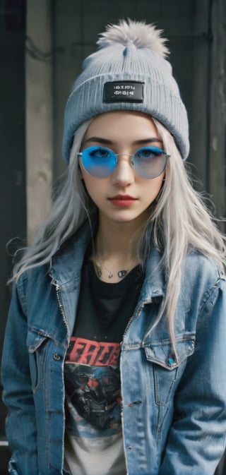 Cute female  cyberpunk hacker with blue colored glasses, in a jacket with a Beanie long grey hair half teeshirt ripped jeanscyberpunk 2077 poster art