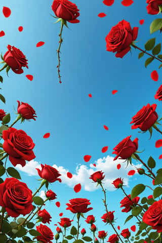 A bottom view of red roses falling from the sky,

Ultra-clear, Ultra-detailed, ultra-realistic, Distant view. full body shot