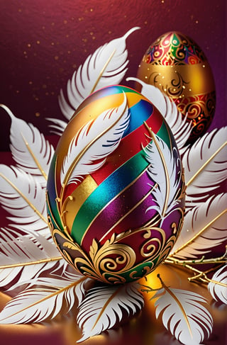 Easter eggs designed with arabesques and swirls using a harmonious mix of rainbow colors.
A pile of tiny golden twigs and many white feathers cover the egg from the bottom as if protecting it.
The egg shines even brighter due to the intense lighting that illuminates the egg on a dark red and golden background.

Ultra-clear, Ultra-detailed, ultra-realistic, ultra-close up