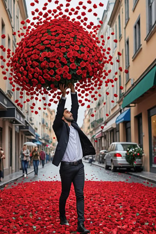 Many red roses are falling like rain from the sky. The streets are full of red roses, and people are happy to receive the falling red roses with both hands.

Ultra-clear, Ultra-detailed, ultra-realistic, Distant view. full body shot