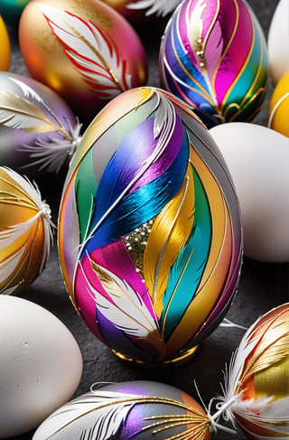 Easter eggs designed with honeysuckle and swirl patterns in a harmonious mix of rainbow colors,
Gold and silver threads are bundled together and wrapped from the bottom of the egg, as if protecting it, along with many white feathers.
The egg shines even brighter due to the intense lighting that illuminates the egg on a dark gray and golden background.

Ultra-clear, Ultra-detailed, ultra-realistic, ultra-close up
