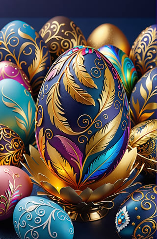 Easter eggs designed with arabesques and swirls using a harmonious mix of rainbow colors.
Plenty of tiny golden twigs and feathers cover the egg from the bottom as if to protect it.
The egg shines even brighter due to the intense lighting that illuminates the egg on a dark blue and golden background.

Ultra-clear, Ultra-detailed, ultra-realistic, ultra-close up