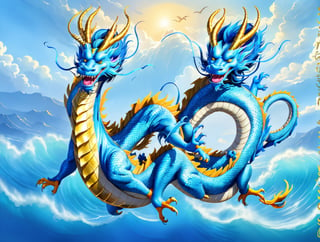 ((1 Asian blue dragon1.5)), asian blue dragon flying in the sky flying in the sky,Asian blue dragon flying across the vast ocean horizon, epic daylight, solo, dynamic angle,aw0k euphoric style,normal blue dragon head,Text“Welcome 2024” is written in gold on the body of the Asian blue dragon.