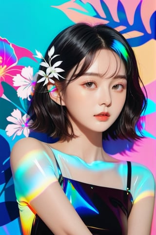 portrait, 1 girl, solo, short wavy hair, flowing neon, colored holographic floral background, holographic, iridescent, vaporwave, fluid, flowers, lying from the front point pose, high fashion, realistic,Flat vector art,xxmix_girl,kwon-nara-xl