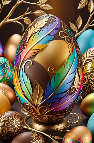 Easter eggs designed with arabesques and swirls using a harmonious mix of rainbow colors.
Golden branches and feathers cover the egg from the bottom as if to protect it.
The egg shines even brighter due to the intense lighting that illuminates the egg on a dark brown and golden background.

Ultra-clear, Ultra-detailed, ultra-realistic, ultra-close up