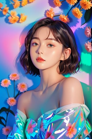 portrait, 1 girl, solo, short wavy hair, flowing neon, colored holographic floral background, holographic, iridescent, vaporwave, fluid, flowers, lying from the front point pose, high fashion, realistic,Flat vector art,xxmix_girl,kwon-nara-xl