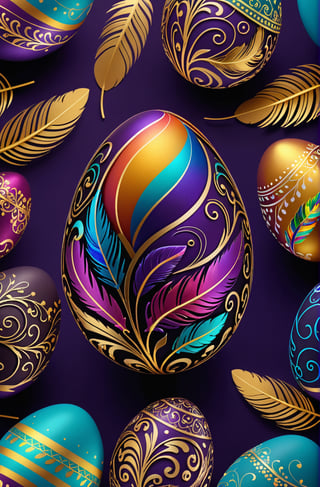 Easter eggs designed with arabesques and swirls using a harmonious mix of rainbow colors.
Golden branches and feathers cover the egg as if protecting it.
The egg shines even brighter due to the intense lighting that illuminates the egg on a dark purple background.

Ultra-clear, Ultra-detailed, ultra-realistic, ultra-close up