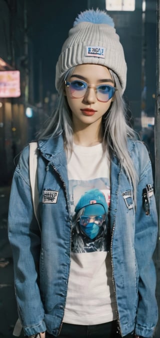 Cute female  cyberpunk hacker with blue colored glasses, in a jacket with a Beanie long grey hair half teeshirt ripped jeanscyberpunk 2077 poster art