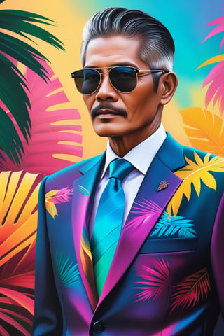 a photograph of , a close up of a 60 years indonesia man in a suit , a digital painting inspired by rodel gonzalez, featured on cgsociety, funk art, wearing a colorful men's suit, style in digital painting, style digital painting,wongapril,ebezz