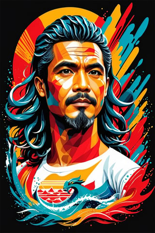 a Indonesia man  poster as at Aquaman  movie, symetrical, vector illustration, Leonardo Style,tshirt design,oni style, color splash, inkstrike (splatoon), ribbons, vibrant, full figure, ((upper body)),wongapril,ebesiyasku