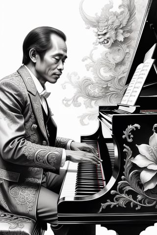 fineliner pen and ink wash drawing ofa close up of a Indonesia man playing a Piano, Karl Kopinski, fantasy, highly detailed, Vlop and Krenz Cushart, ornate detailing, Jean-Sebastian Rossbach, James Gene, ,wongapril