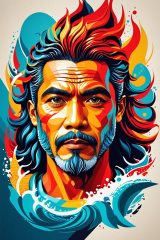 a Indonesia man  poster as at Aquaman  movie, symetrical, vector illustration, Leonardo Style,tshirt design,oni style, color splash, inkstrike (splatoon), ribbons, vibrant, full figure, ((upper body)),wongapril,ebesiyasku