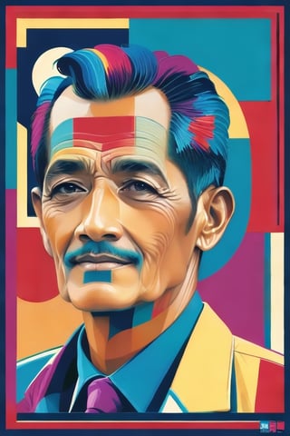 concept poster a 60 years man, a half body portrait at geometric sahpe . digital artwork by tom whalen, bold lines, vibrant, saturated colors, detailed fac,Vibrant colors palettes,ebesyas