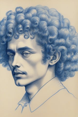 The image depicts a detailed pen sketch of an individual from the shoulders up. The face of the individual is obscured by a solid blue rectangle, making it impossible to identify any facial features. The hair appears to be curly or wavy and is depicted with numerous intricate lines and swirls that create a sense of volume and texture. The individual is wearing what seems to be a collared shirt and jacket, also rendered in fine lines that suggest folds and creases in the fabric. ,wongapril,pencil sketch,more detail XL