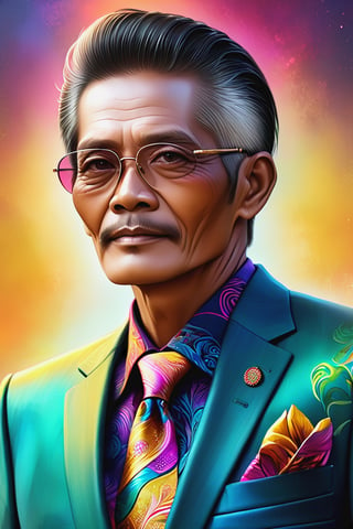 a photograph of , a close up of a 60 years indonesia man in a suit , a digital painting inspired by rodel gonzalez, featured on cgsociety, funk art, wearing a colorful men's suit, style in digital painting, style digital painting,wongapril,ebezz,ebes