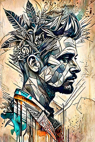 Sketch of a design man, new grunge style, texture,ink colored style,  intricate details, sharp focus, 3d, double exposure, high resolutionh, ebes,pencil sketch,ebes