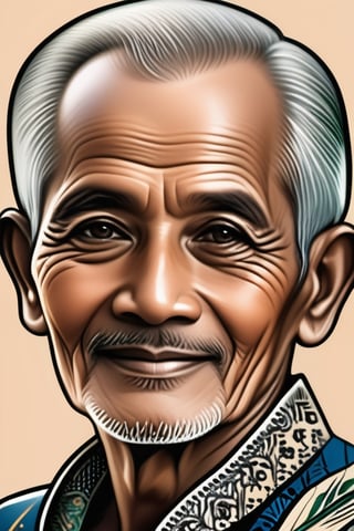 centered, uncropped,a half body portrait,colouring book, Indonesia old man 65 years, black eyes, short hair, close up portrait, Silhouette drawing of a smile man from the front, centered,intricate details,high resolution,4k, illustration style,Leonardo Style,OverallDetail, ColoringBookAF ,ebes,pencil sketch