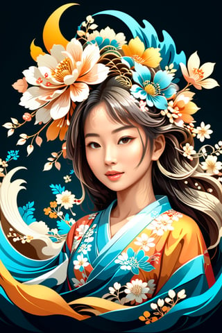 vector art, flat coloring, cel shaded, cel shading, illustration, vector illustration, vector coloring, Antique Grunge aesthetic, a alluring jAPANESE woman with flowing hair made entirely of flowers, warm and bright sunlight, a mesmerizing blend of light and shadow. masterpiece, absurdres, intricate details abstract vector fractal, wave function, Zentangle, 3d shading,vector art illustration