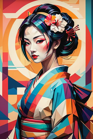 A minimalist design with a vintage touch, featuring a cool, stylish geisha silhouette in faded, awesome and bright colors. cubist painting, Neo-Cubism, layered overlapping geometry, art deco painting, Dribbble, geometric fauvism, layered geometric vector art, maximalism; V-Ray, Unreal Engine 5, angular oil painting, DeviantArt