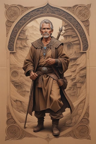 Black and brown drawing of an outdoor man,65 years old, on kraft paper, Karl Kopinski, fantasy, highly detailed, Vlop and Krenz Cushart, ornate detailing, Jean-Sebastian Rossbach, James Gene,ebes,ebezz