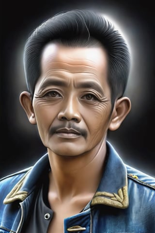 Create a hyper-realistic image of an Indoneisa man aged 58 with short black hair , close up,  The character wears casual modern clothing such as a jeans jacket. The background of the image is black. Make the image intricately hyper-realistic and detailed,ebes,Masterpiece,