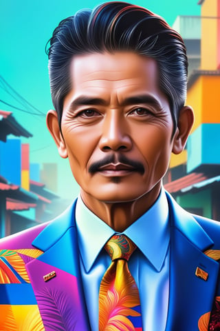 a photograph of , a close up of a 60 years indonesia man in a suit , a digital painting inspired by rodel gonzalez, featured on cgsociety, funk art, wearing a colorful men's suit, style in digital painting, style digital painting,wongapril,ebezz