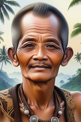 Black and brown drawing of an outdoor man,65 years old, BLACK eyes, Indonesia,little smile from under forehead, Karl Kopinski, fantasy, highly detailed, Vlop and Krenz Cushart, ornate detailing, Jean-Sebastian Rossbach, James Gene,ebes,ebezz