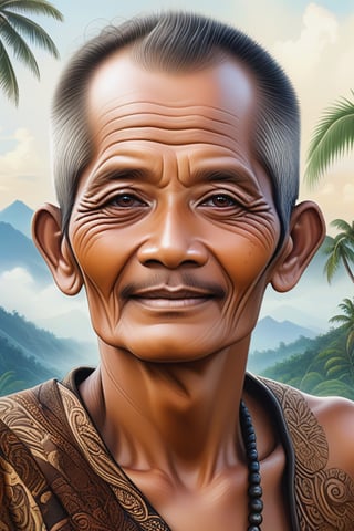 Black and brown drawing of an outdoor man,65 years old, BLACK eyes, Indonesia,little smile from under forehead, Karl Kopinski, fantasy, highly detailed, Vlop and Krenz Cushart, ornate detailing, Jean-Sebastian Rossbach, James Gene,ebes,ebezz
