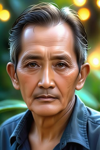 indonesian male 75 years , realistic, male, (color), post-production, dark eyes, (highest quality), A close-up of a somewhat vicissitudes of an aged male with a deep expression, deep eyes, serious, fireflies, Steve Henderson style,ebes,Masterpiece