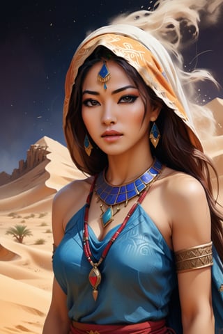 A manhwa inspired double exposure portrait artwork depicting a female nomad queen in the desert, with a raging sandstorm and ancient ruins superimposed. The style is a textured speedpaint with large, rough brush strokes and sand particles, creating a dynamic and rugged feel. The piece, trending on ArtStation, features particles of sand that add to the chaotic atmosphere. The medium is oil on canvas, showcasing highly detailed fine art quality. The style is inspired by Arabian Nights, with its vivid, exotic imagery, and the image exudes a mystical aesthetic. The painting's texture and brushwork bring life and energy to the desert scene. Manhwa style inspired. Grainy texture. Glitchcore. Textured dark background,wongjepun2