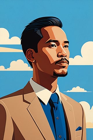 30years old Indonesia man, with blue sky, in the style of john holcroft, minimalist illustrator, linear elegance, dewong