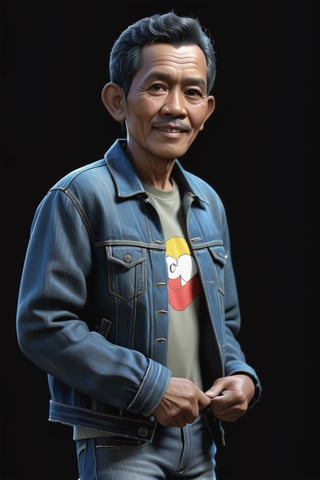 Create a hyper-realistic image of an Indoneisa man aged 58 with short light and wavy black hair , standing,  Split light fell on his face. The character wears casual modern clothing such as a jeans jacket. The background of the image is black. Make the image intricately hyper-realistic and detailed,ebes,Masterpiece,disney pixar style