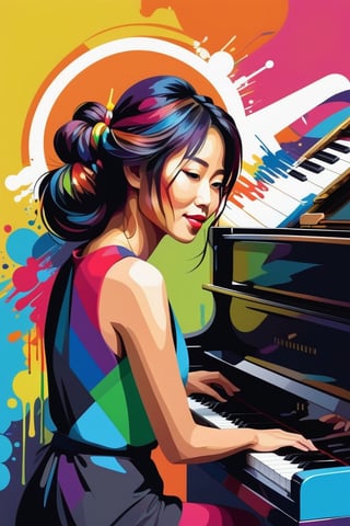 WPAP Style, a close up of a japanese woman playing a Piano on a colorful background, vector art style, saxophone, in style of digital illustration, extremely high quality artwork, vector art, vector artwork, high quality portrait,  digital art illustration, artistic illustration, stylized digital illustration, jazz album cover, background artwork, digital illustration, musician, beautiful artwork, wpap graffiti art, splash art, street art, spray paint, oil gouache melting, acrylic, high contrast, colorful polychromatic, ultra detailed, ultra quality, CGSociety,chan-wong