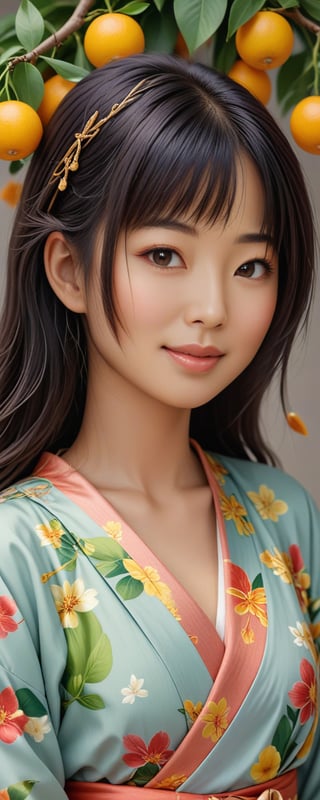 ((Generate hyper realistic image featuring a stunning beautiful Japanese woman,)) with medium long black hair, some flowing curls, beautidull lips, glossy lips, with a kimono, ((smelling a citrus,)) kind smile,bliss vibes, jade eyes,  photography style , Extremely Realistic, well lit background consists of glowing various fruits, ,chans,chan-wong