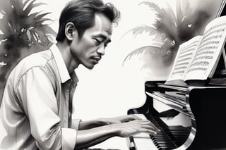 fineliner pen and ink wash drawing ofa close up of a Indonesia man playing a Piano, looking at the viewer,Karl Kopinski, fantasy, highly detailed, Vlop and Krenz Cushart, ,wongapril