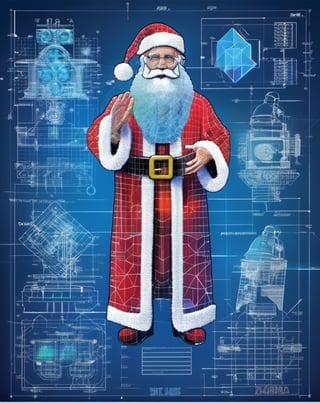 Saint Claus Hologram Schematics, linocute, mix media,collage, vector for t-shirt, mosaic effect, 3D, high resolution, 4k