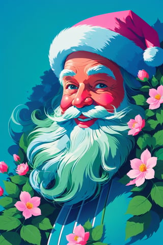 shadow flat vector art, masterpiece, 8k, highest quality, santa claus , portrait, sweet smile, spring flowers, blue green and pink