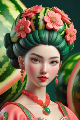 Close-up of a Caucasian white porcelain woman, features of a thin and delicate face, oriental eyes, large and voluminous dark green hair, watermelon-colored flowers on her head, watermelon-colored dress with flower details, jewelry fruit candy, smooth, dreamlike, surrealism, background of a large watermelon, intricate details, 3D rendering, octane rendering.