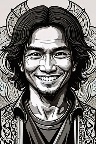centered, uncropped,colouring book, Indonesia man 45 years, black eyes,close up portrait, dark hair,Silhouette drawing of a smile man from the front, centered,intricate details,high resolution,4k, illustration style,Leonardo Style,OverallDetail, fantasy novel illustration sketch, DaVinci,Coloring Book,ColoringBookAF,wong-iyas