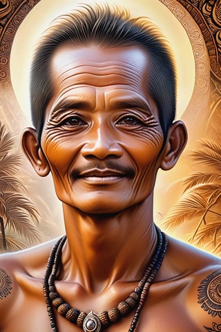 Black and brown drawing of an outdoor man,65 years old, BLACK eyes, Indonesia,little smile from under forehead, Karl Kopinski, fantasy, highly detailed, Vlop and Krenz Cushart, ornate detailing, Jean-Sebastian Rossbach, James Gene,ebes,ebezz,d1p5comp_style