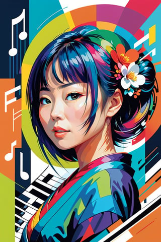 concept poster ajapanese woman, a half body portrait at musical notes, digital artwork by tom whalen, bold lines, vibrant, saturated colors, wpap,detailed fac,Vibrant colors palettes,wongapril,chan-wong